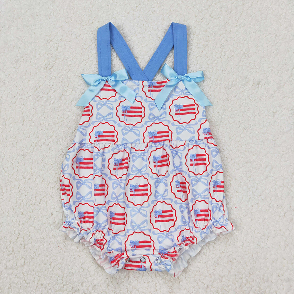 SR2691 Flag Bows Baby Girls 4th of July Strap Romper