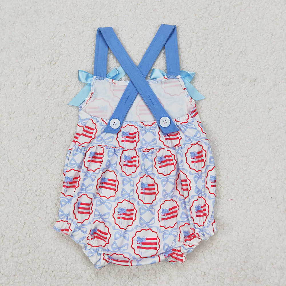 SR2691 Flag Bows Baby Girls 4th of July Strap Romper