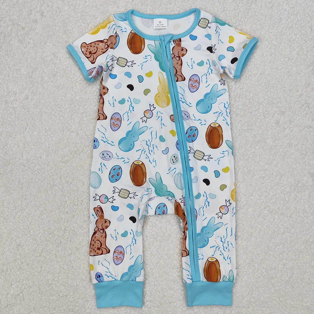 Sibling Baby Girls Boys Easter Rabbit Egg Shor Sleeve Pajama Set Zipper Romper