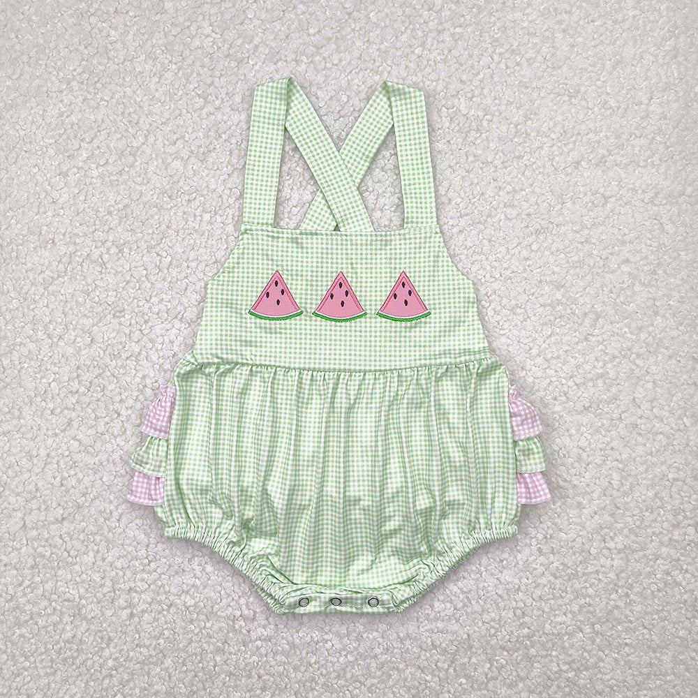 Embroidery Baby Infant Girls Summer Watermelon Green Ruffles Rompers