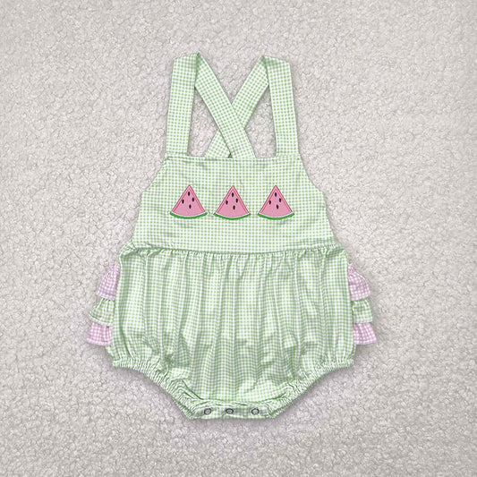 Embroidery Baby Infant Girls Summer Watermelon Green Ruffles Rompers