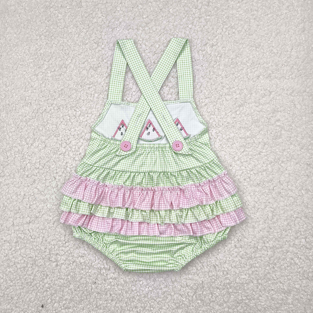 Embroidery Baby Infant Girls Summer Watermelon Green Ruffles Rompers