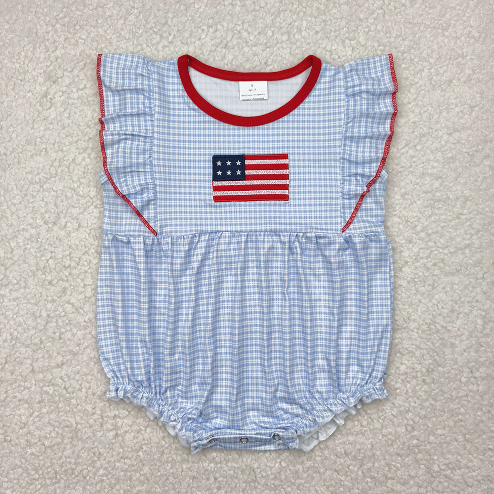 SR2817 Flag Embroidery Blue Plaid Baby Girls 4th of July Romper