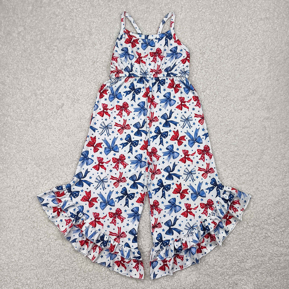 SR2865 Stars Bows Print Baby Girls 4th of July Strap Jumpsuits