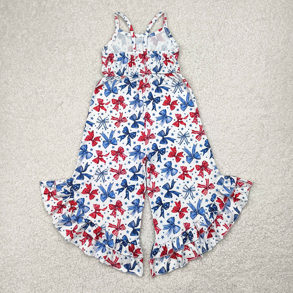 SR2865 Stars Bows Print Baby Girls 4th of July Strap Jumpsuits