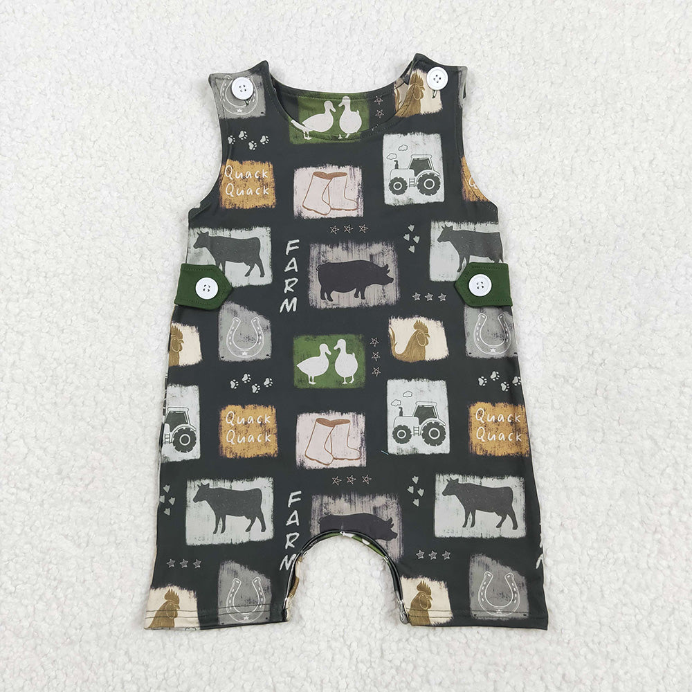 SR2874 Tractors Farm Animals Print Baby Boys Summer Sleeveless Romper