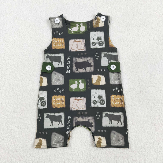SR2874 Tractors Farm Animals Print Baby Boys Summer Sleeveless Romper