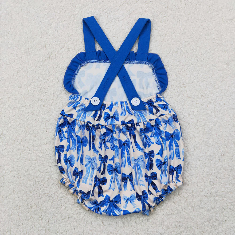 Baby Infant Girls Blue Strap Bows Ruffle Rompers