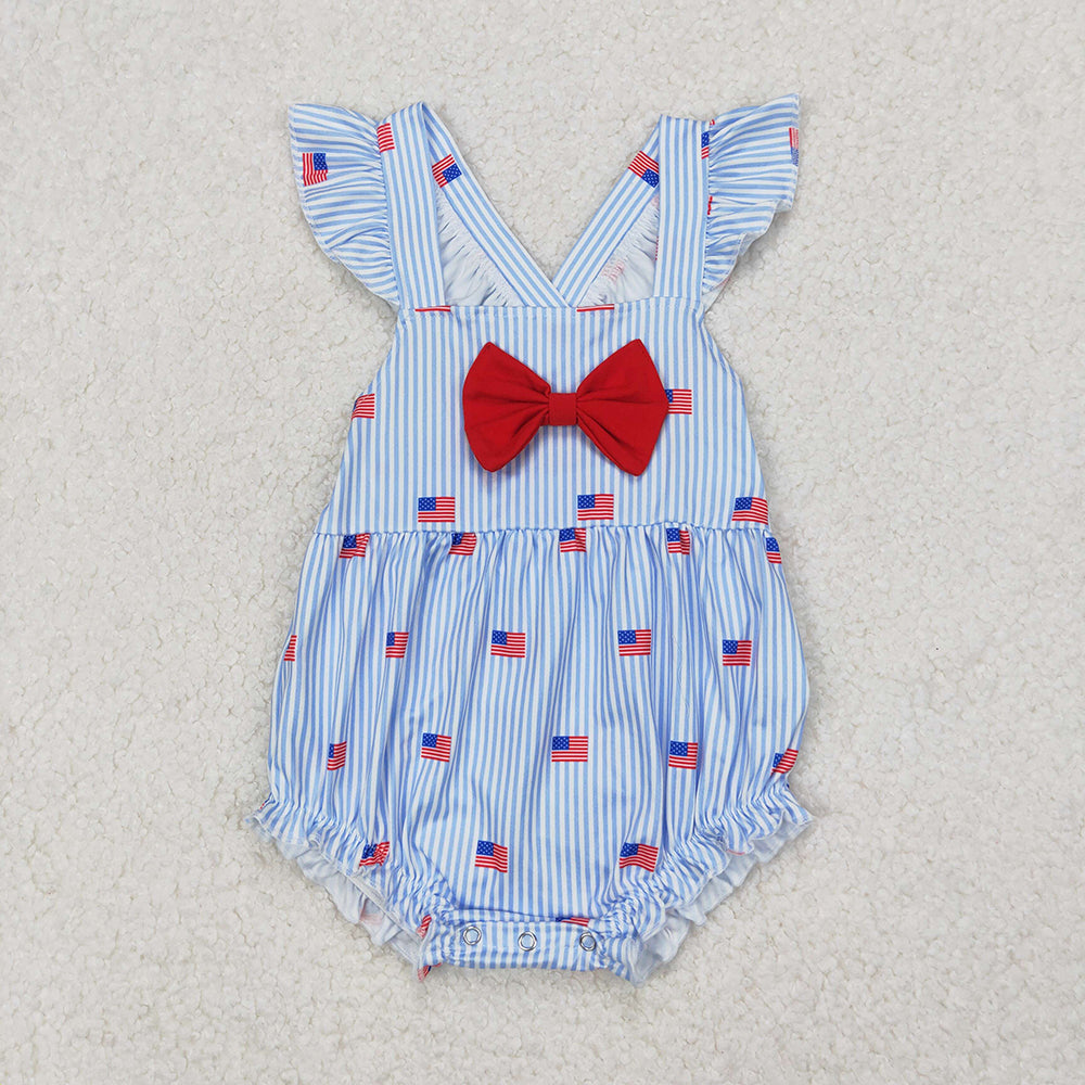 SR2921 Flag Blue Stripes Baby Girls 4th of July Strap Bubble Romper