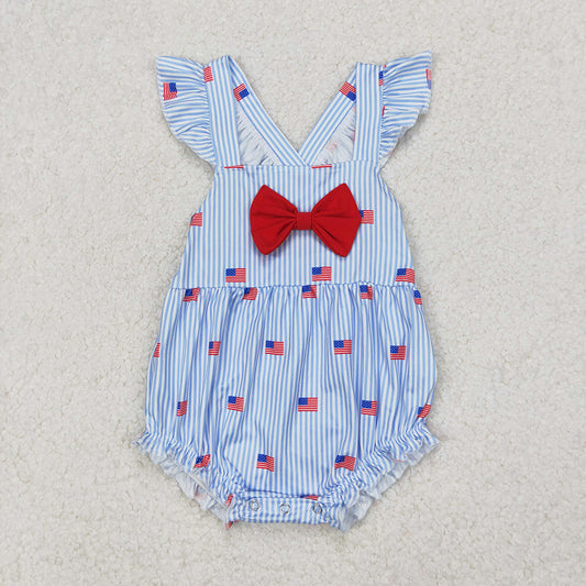 SR2921 Flag Blue Stripes Baby Girls 4th of July Strap Bubble Romper