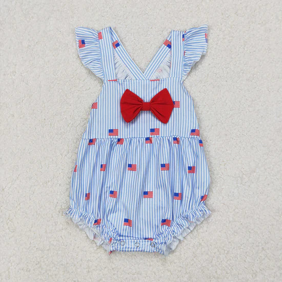 Sibling Embroidery Baby Girls Red Flags 4th of July Bows Rompers Outfits Sets