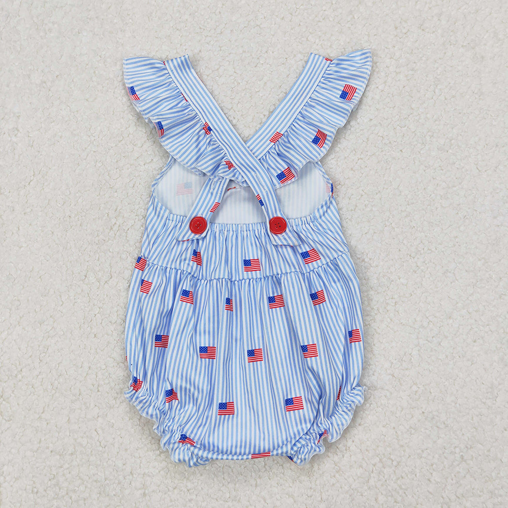 SR2921 Flag Blue Stripes Baby Girls 4th of July Strap Bubble Romper