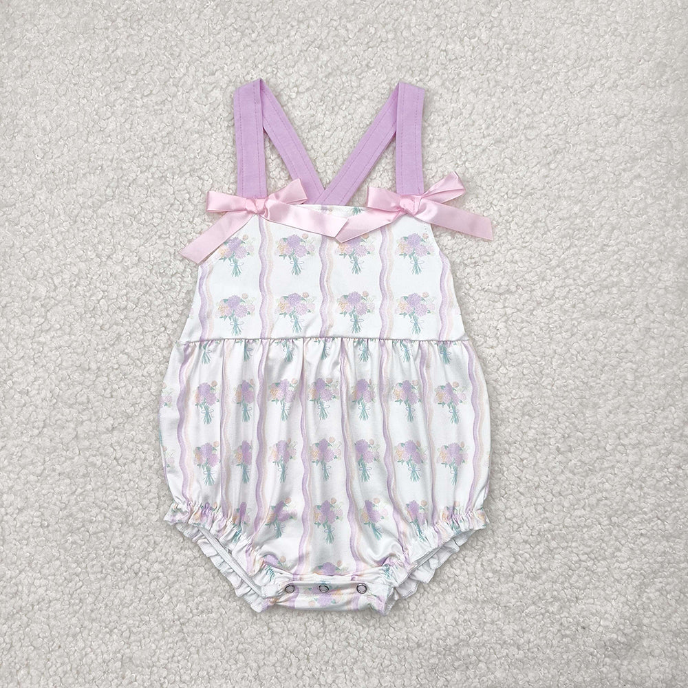 Baby Infant Girls Lavender Bows Strap Floral Stripe Ruffle Rompers