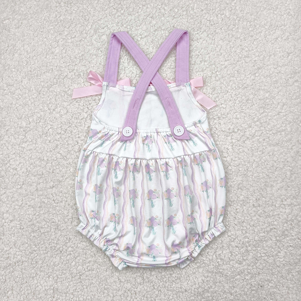 Baby Infant Girls Lavender Bows Strap Floral Stripe Ruffle Rompers