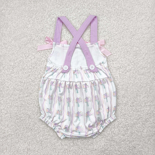 Baby Infant Girls Lavender Bows Strap Floral Stripe Ruffle Rompers