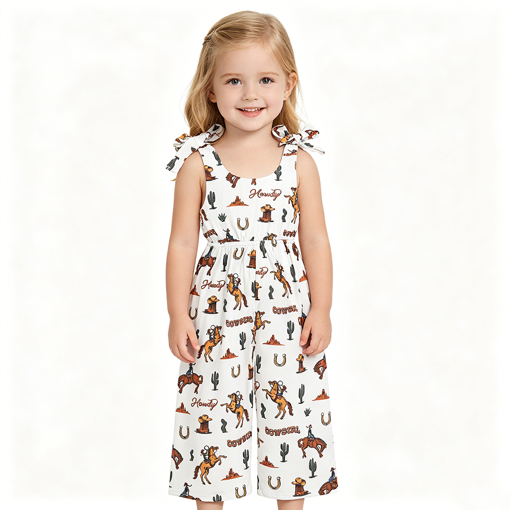 SR2969 Cowgirl Howdy Boots Cactus Print Girls Summer Strap Jumpsuits