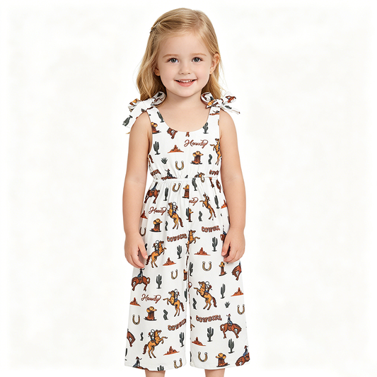 SR2969 Cowgirl Howdy Boots Cactus Print Girls Summer Strap Jumpsuits