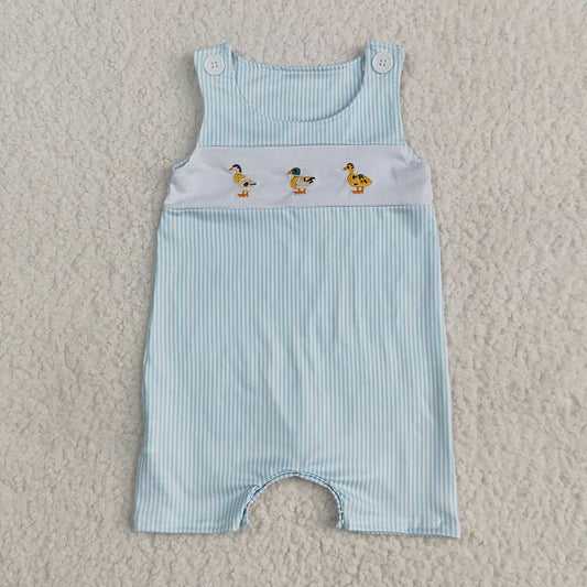 Smocked Ducks Baby Boys Blue Stripe Sleeveless Button Rompers