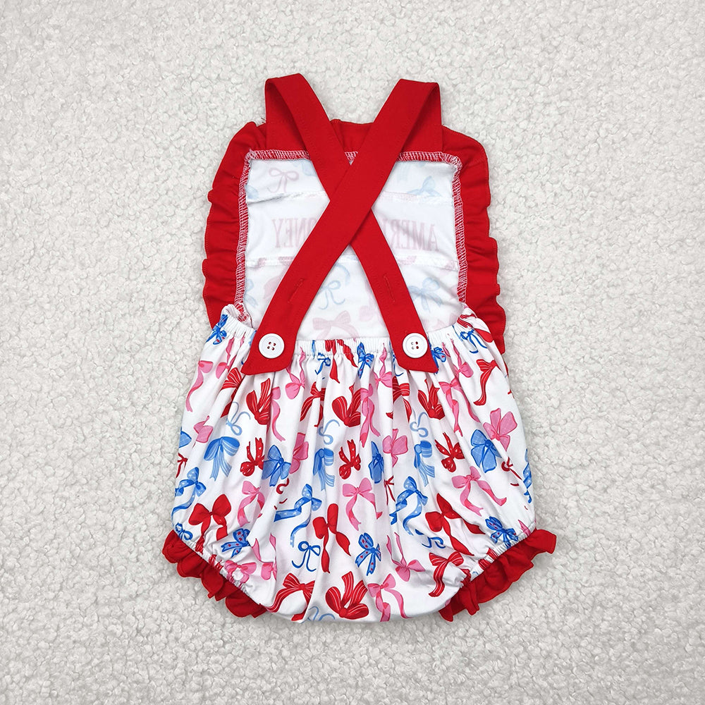 SR3048 AMERICAN HONEY Bows Baby Girls 4th of July Ruffle Backless Strap Romper