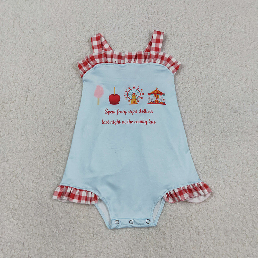 SR3055 County Fair Blue Print Baby Girls Summer Ruffle Backless Romper