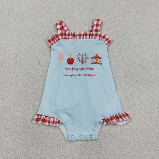 SR3055 County Fair Blue Print Baby Girls Summer Ruffle Backless Romper