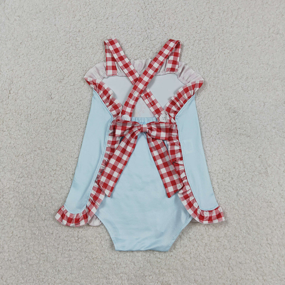 SR3055 County Fair Blue Print Baby Girls Summer Ruffle Backless Romper