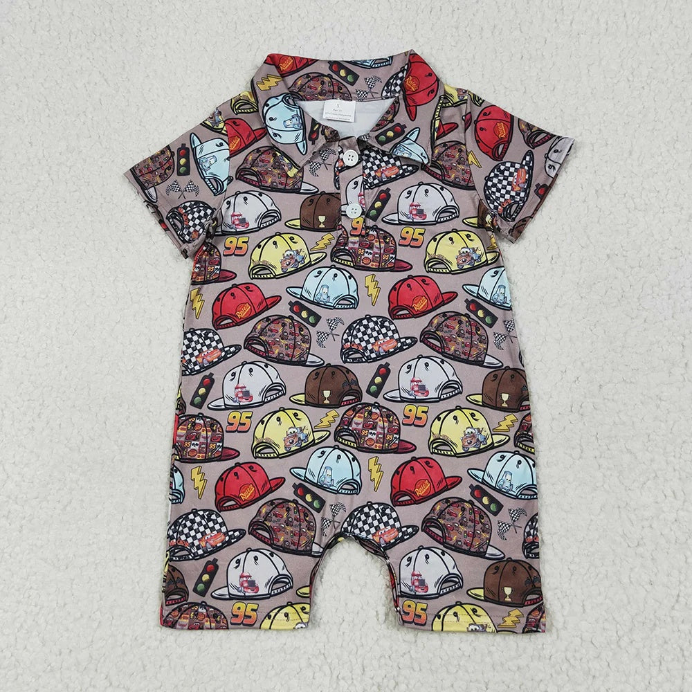 Toddler & Kid Boys Racing Hat Print Outfit Set - 2 Piece Polo Romper & Matching Hat for Brothers