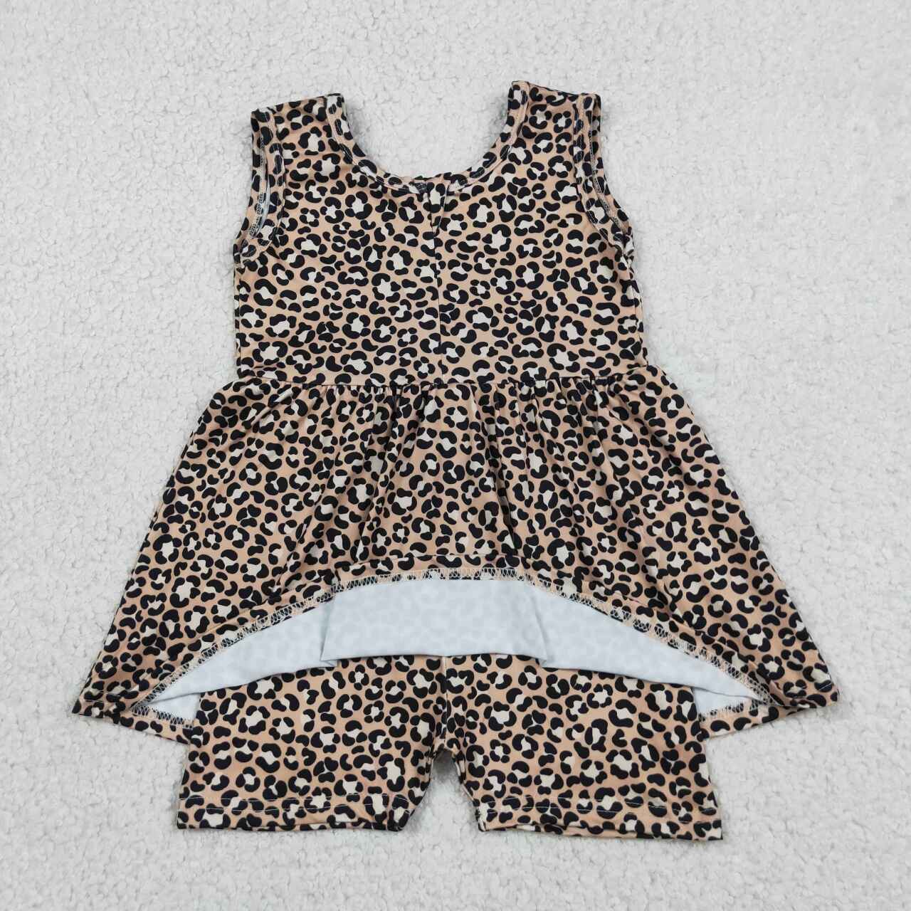 SR3070 Leopard Girls Zipper Skirted Jumpsuits Baby Summer Romper