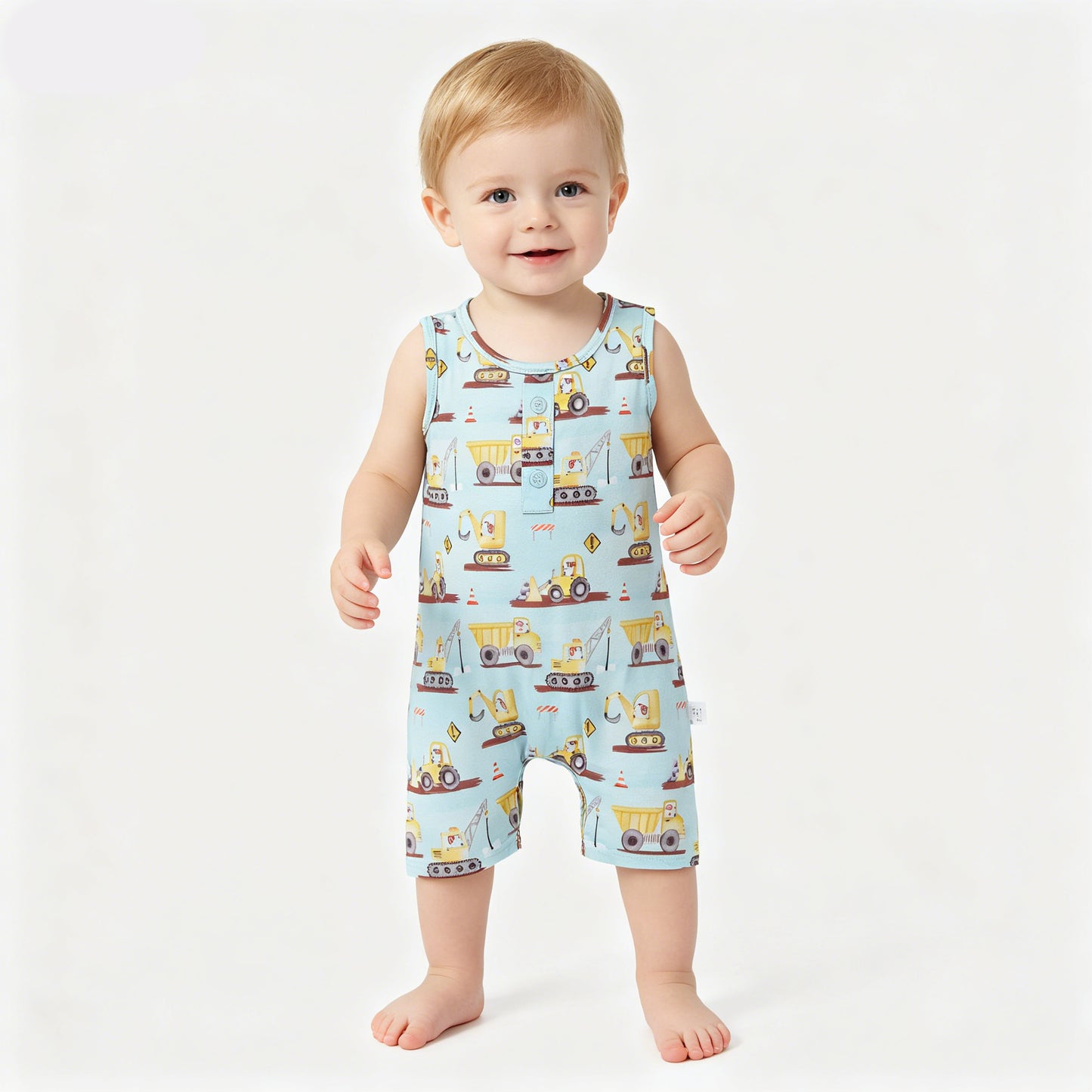 SR3085 Construction Trucks Print Baby Boys Summer Sleeveless Romper