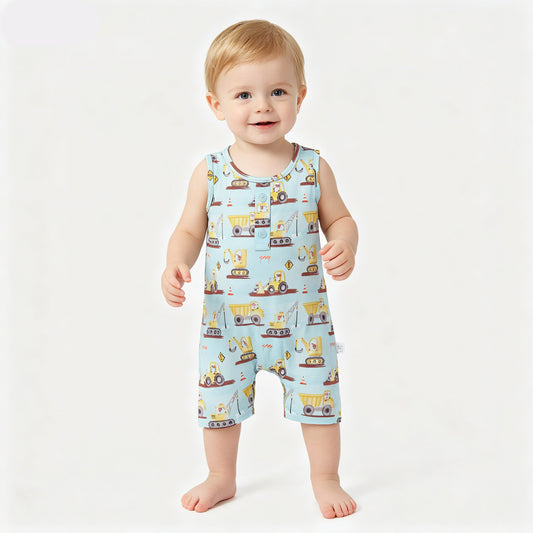 SR3085 Construction Trucks Print Baby Boys Summer Sleeveless Romper