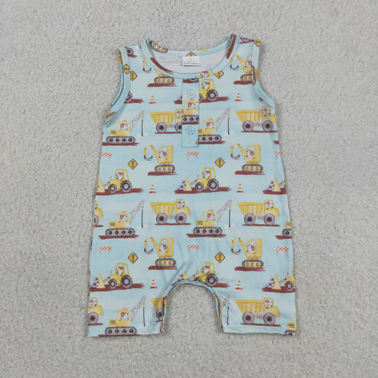 SR3085 Construction Trucks Print Baby Boys Summer Sleeveless Romper