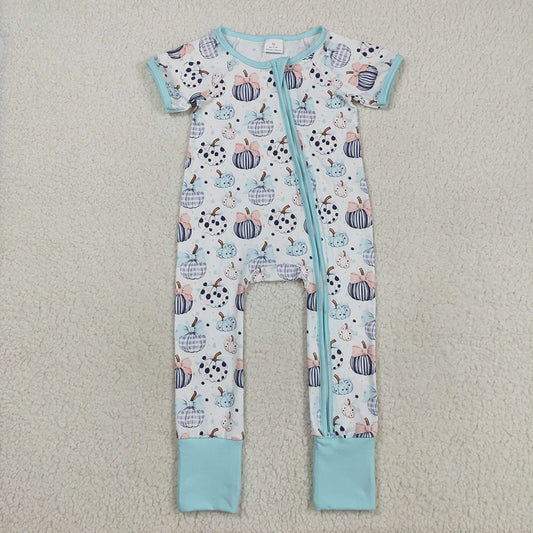 SR3109 Pumpkin Bows Blue Print Baby Girls Fall Zipper Sleeper Romper