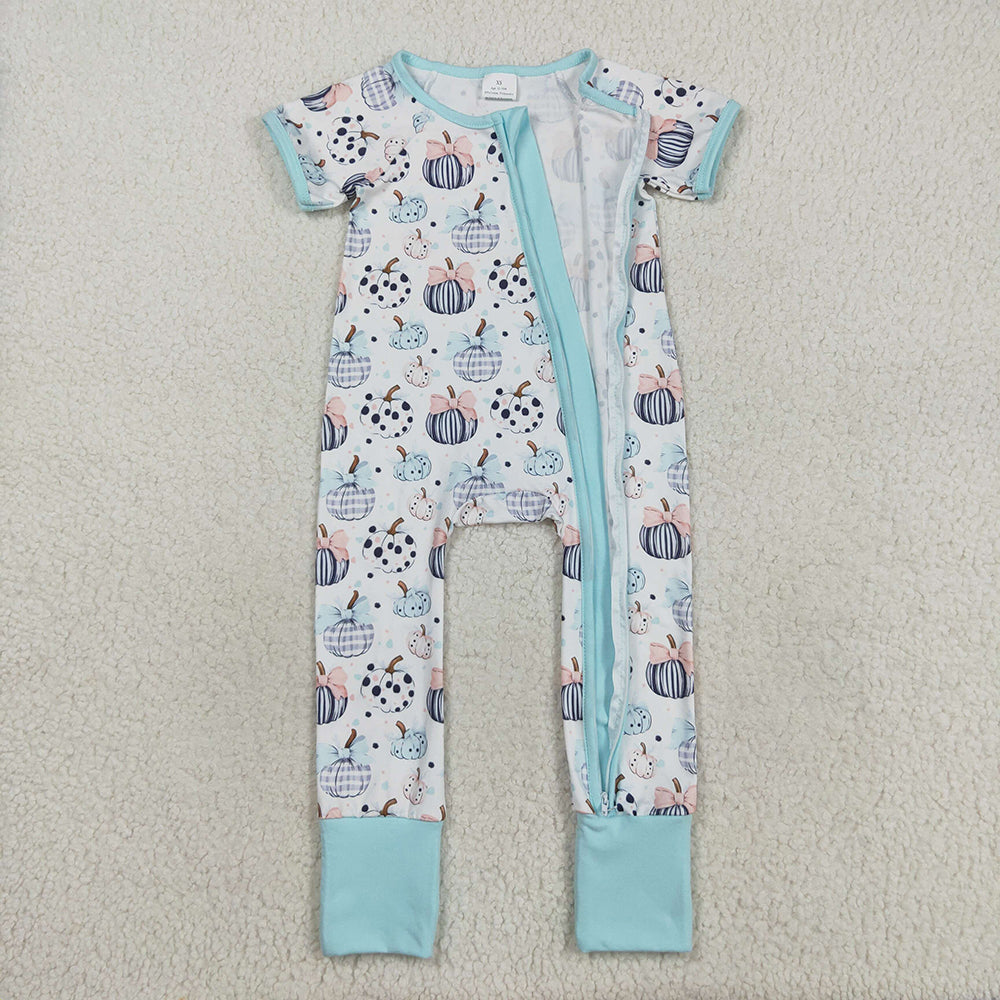 SR3109 Pumpkin Bows Blue Print Baby Girls Fall Zipper Sleeper Romper