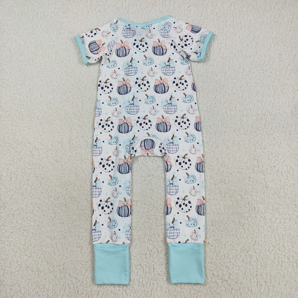 SR3109 Pumpkin Bows Blue Print Baby Girls Fall Zipper Sleeper Romper