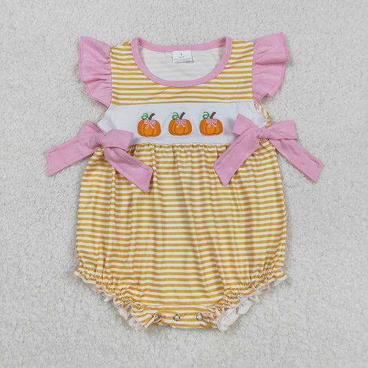 SR3125 Pumpkin Bows Embroidery Stripes Baby Girls Fall Romper