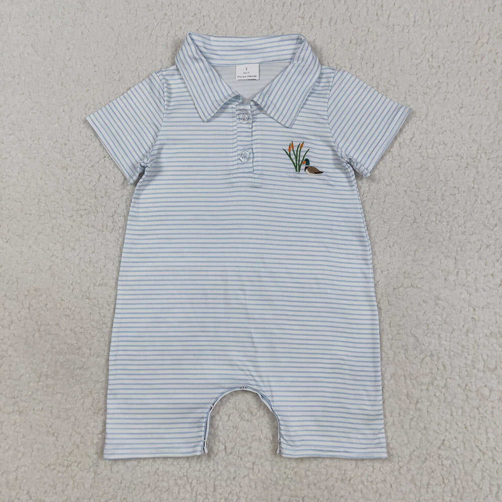SR3149 Duck Embroidery Stripes Print Baby Boys Summer Romper