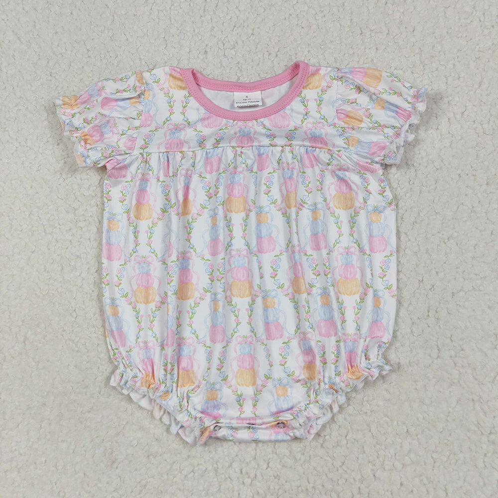 SR3151 Pumpkin Flowers Bows Print Baby Girls Fall Romper