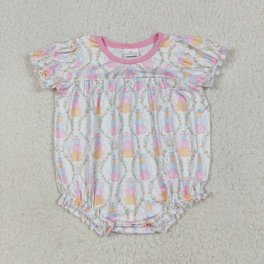 SR3151 Pumpkin Flowers Bows Print Baby Girls Fall Romper