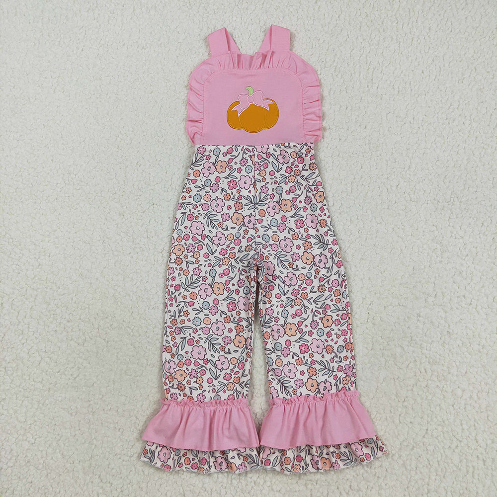 SR3176 Pumpkin Embroidery Flowers Pink Baby Girls Fall Strap Jumpsuits