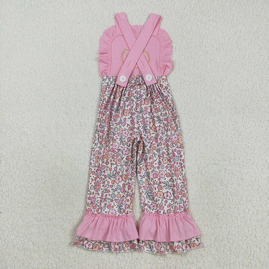SR3176 Pumpkin Embroidery Flowers Pink Baby Girls Fall Strap Jumpsuits