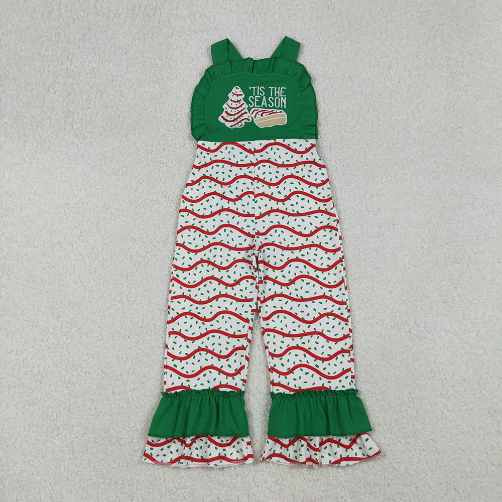 SR3178 TIS THE SEASON Debbie Cake Embroidery Sprinkles Print Girls Christmas Ruffle Strap Jumpsuits