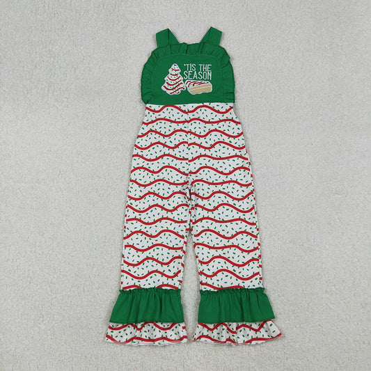 SR3178 TIS THE SEASON Debbie Cake Embroidery Sprinkles Print Girls Christmas Ruffle Strap Jumpsuits