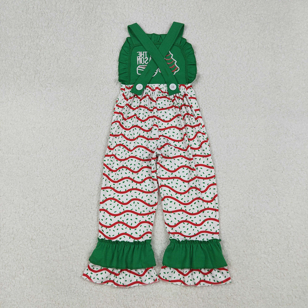SR3178 TIS THE SEASON Debbie Cake Embroidery Sprinkles Print Girls Christmas Ruffle Strap Jumpsuits