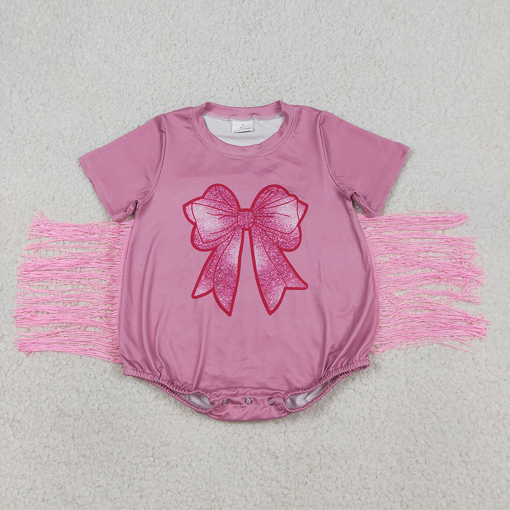 SR3187 Pink Bow Print Baby Girls Summer Tassels Romper