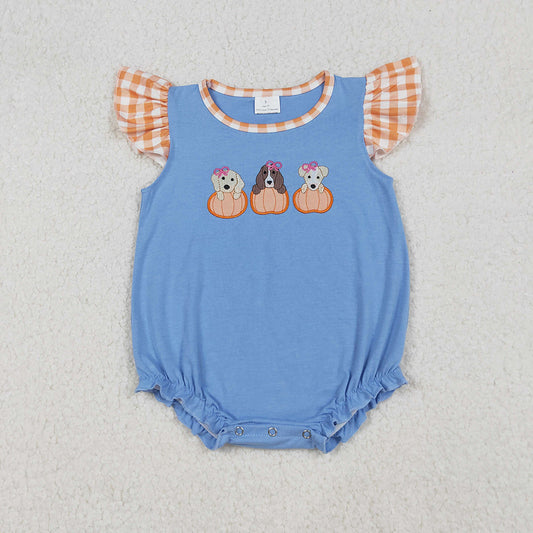 SR3191 Dog Pumpkin Embroidery Blue Baby Girls Romper