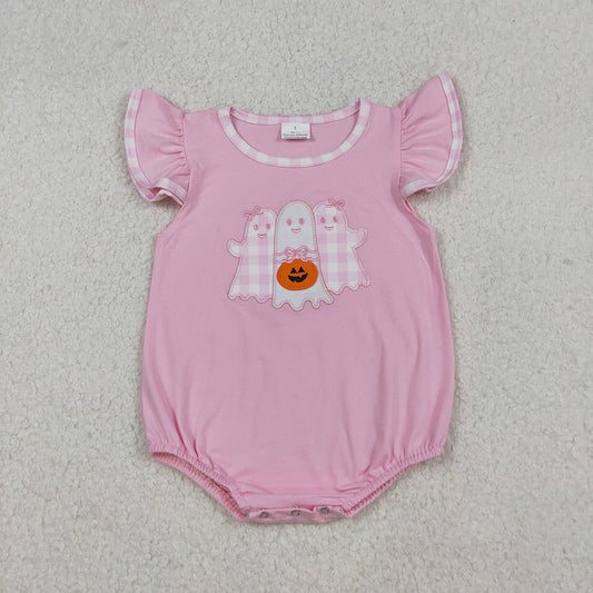 SR3196 Ghost Pumpkin Embroidery Pink Baby Girls Halloween Romper