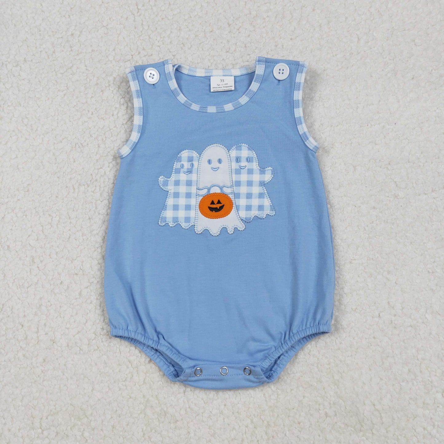SR3197 Ghost Pumpkin Embroidery Blue Baby Boys Halloween Romper