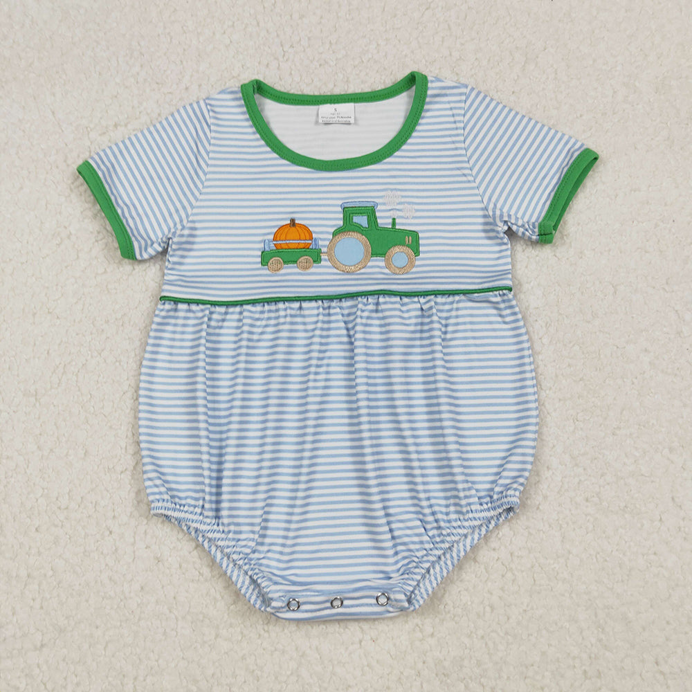 SR3201 Tractor Pumpkin Embroidery Stripes Baby Boys Fall Romper