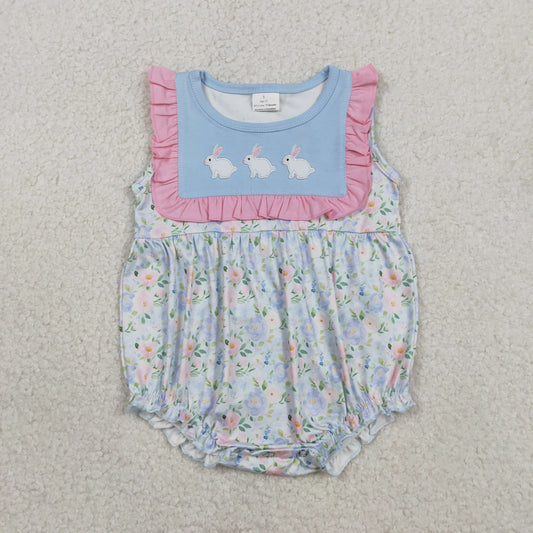 Sibling Baby Boys Girls Embroidery Rabbits Stripe Pockets Short Easter Clothes Set Ruffle Rompers