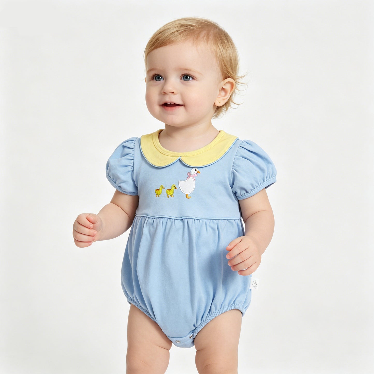 Baby Girl Duck Embroidery Romper - Light Blue Peter Pan Collar Bubble Onesie
